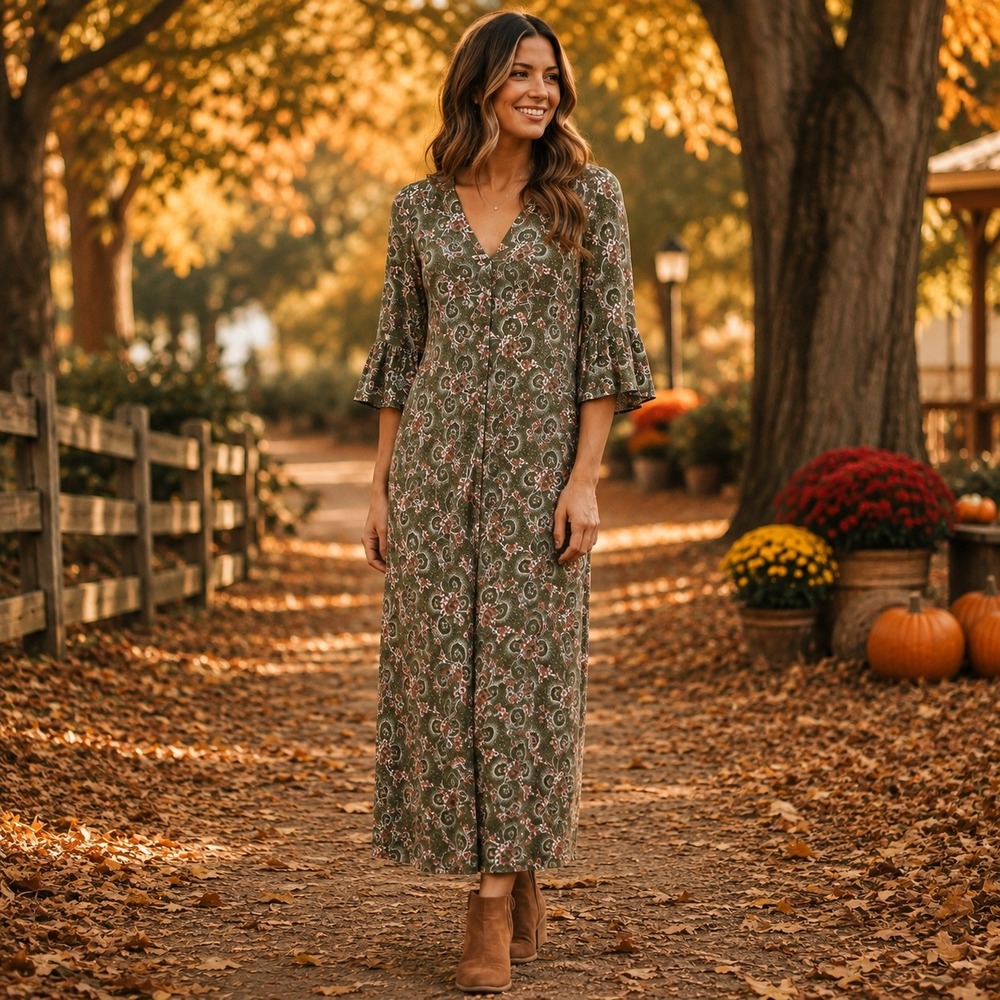 NWT: Per Una M&S Khaki Floral Ruffle Sleeve Maxi Dress Size 4 (M693)